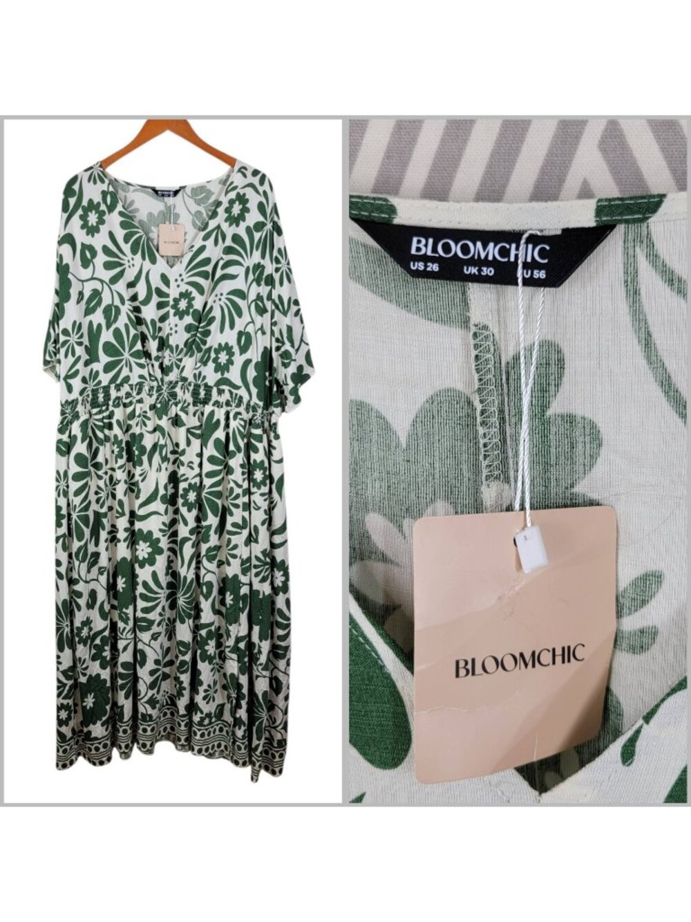 NEW Bloomchic Plus 26 26W V-Neck Shirt Dress Green Pullover Floral Event Pockets